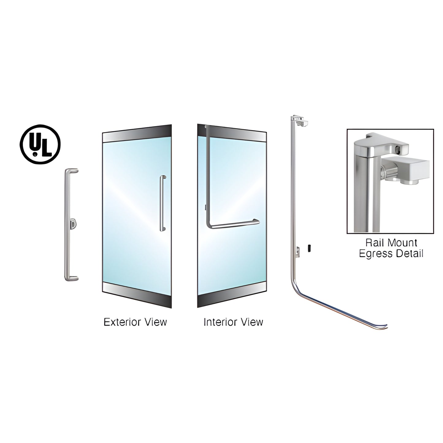 EG100X4RKBS brushed stainless tubular electronic egress rail-mount handle for 1/2 or 3/4 in glass doors, ADA compliant