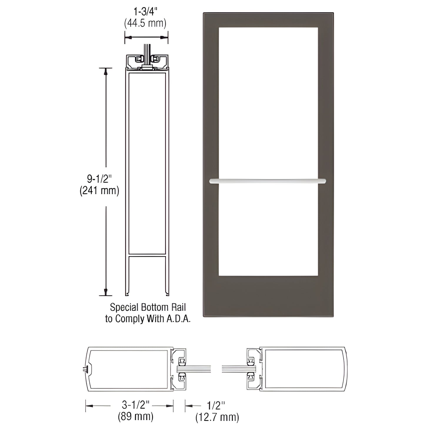 Black bronze anodized medium stile commercial entrance door with ADA 9-1/2" bottom rail and 1/4" tempered glass stop.