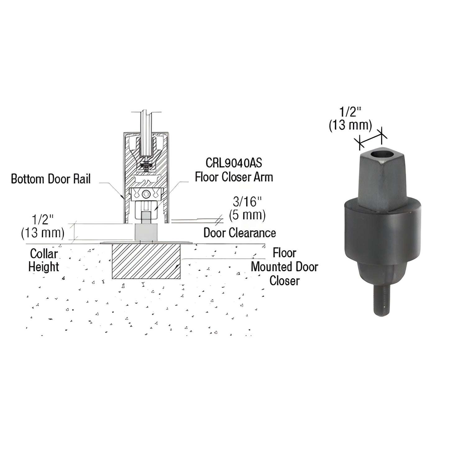 CRL9050S13 aluminum MAB square tapered floor closer spindle, 1/2" collar height, fits CRL/Jackson/DORMA floor closers.