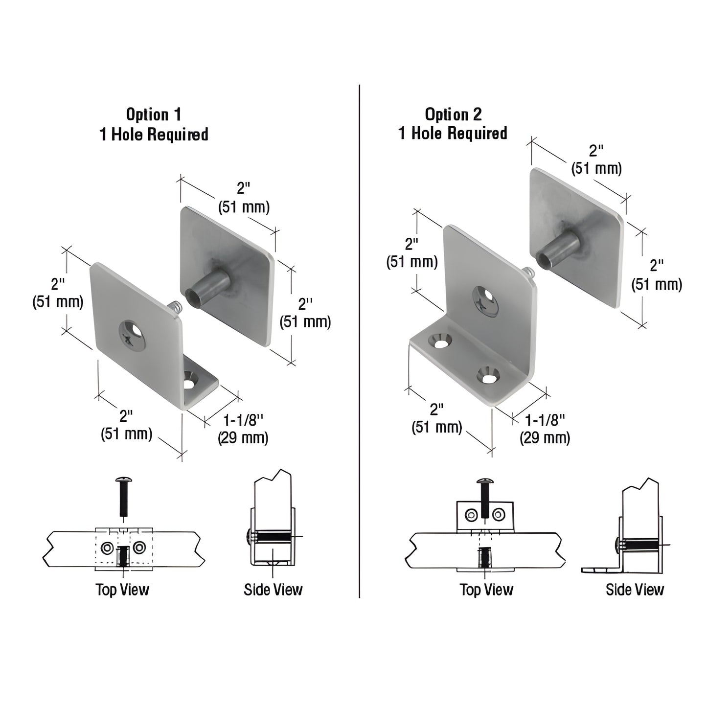 Brushed stainless steel U-clamp PB001BS for 1-1/4" (32mm) bullet-resistant glazing; two mounting options, key dimensions.