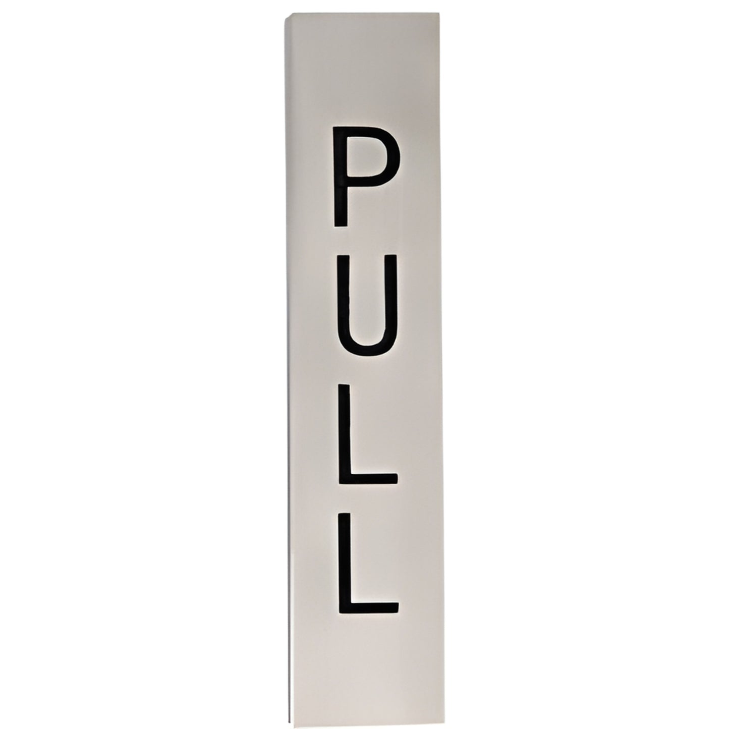 Brushed stainless steel vertical push-pull door indicator, etched black PULL letters, 4.5" x 1", adhesive back