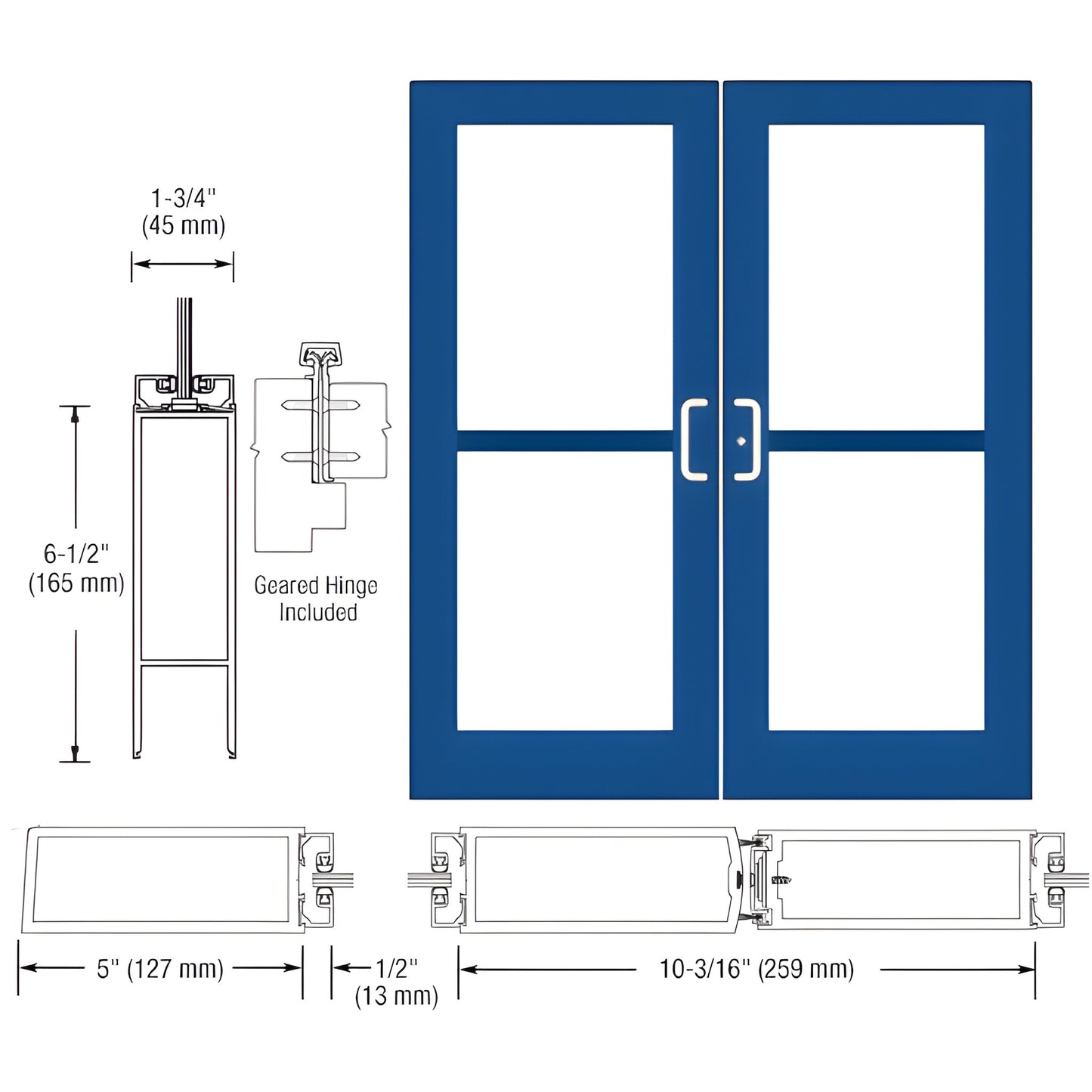 Blue custom wide-stile commercial double entrance door with glass panels, panic-ready. SKU DZ52871