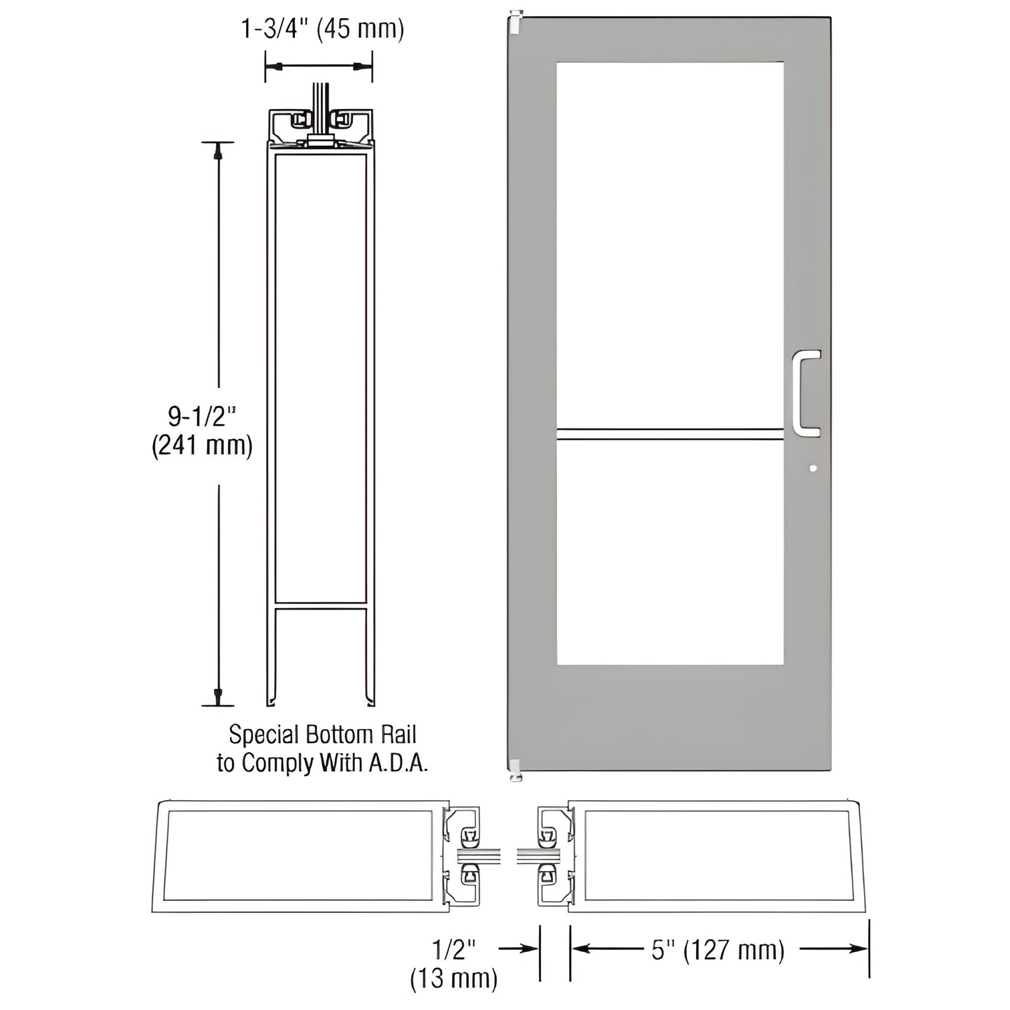 Clear anodized wide-stile commercial door SKU DE51211R036 - ADA 9-1/2" bottom rail, accepts 1/4" glass.