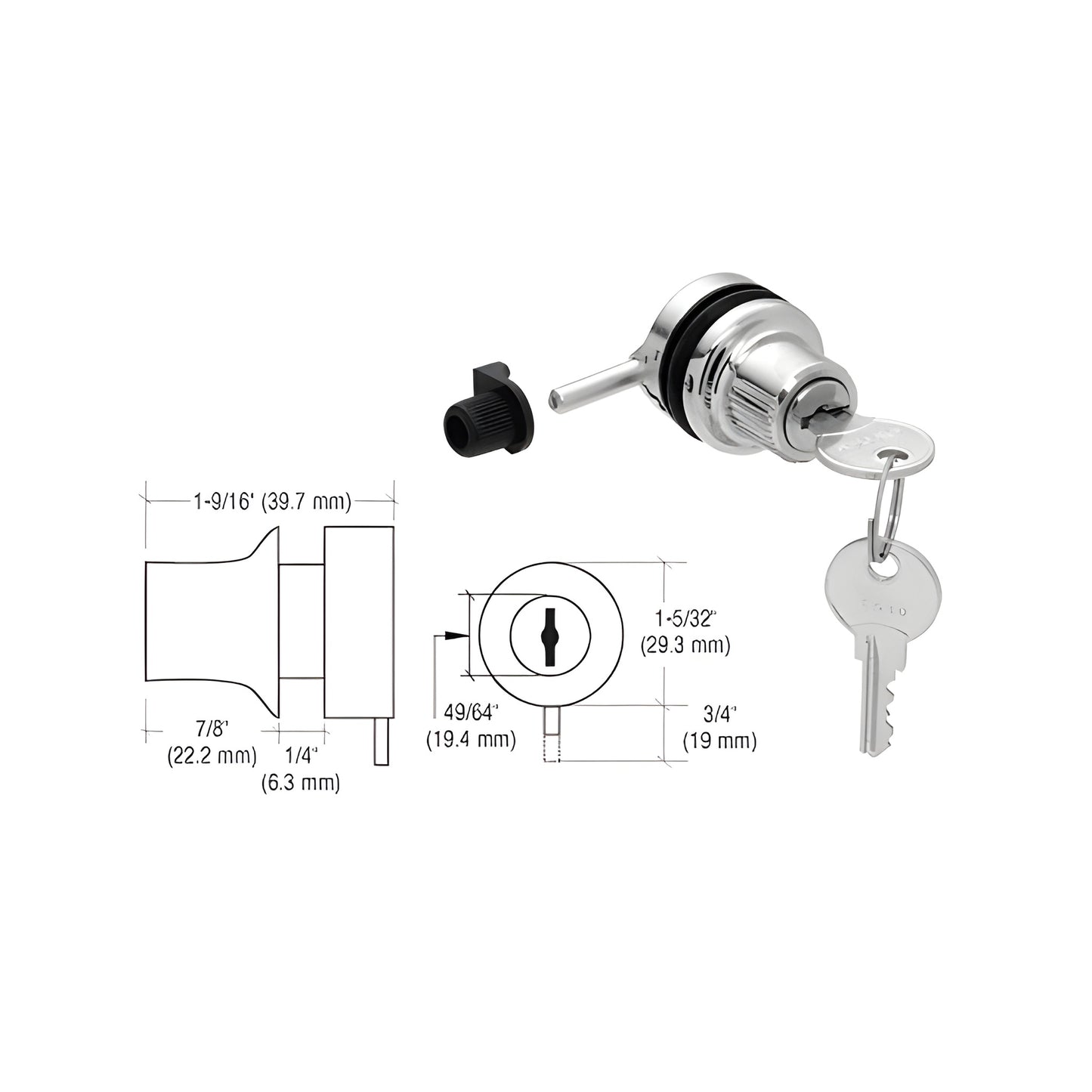 Black chrome thru-glass plunger lock with keys and black press-in keeper, for 3/16-1/4" (5-6mm) glass.