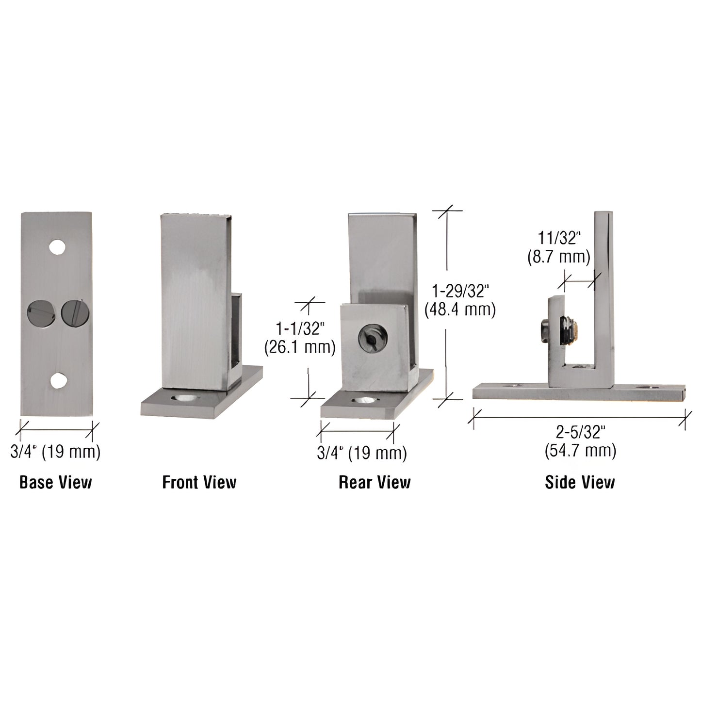 Brushed-nickel long-leg set-screw glass clamp (EH51), solid brass, fits 1/4-5/16" (6-8mm) glass, includes wood screws.