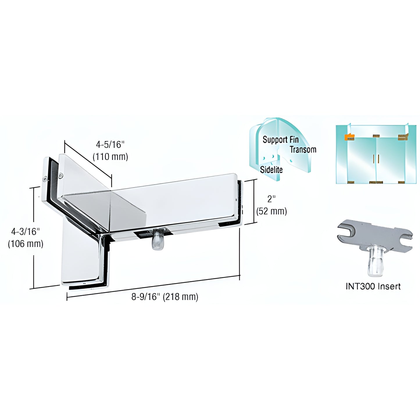 PH41RPS polished stainless steel left-hand sidelite-mounted transom patch with support fin bracket for 3/8-1/2" glass