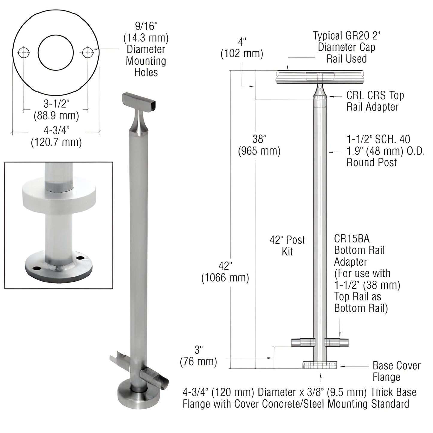 CR42CKBS 42in stainless steel surface-mounted post kit with base cover flange and rail adapters