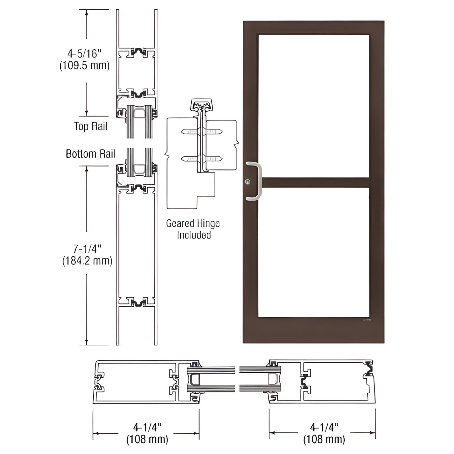 CRL medium stile entrance door, black bronze anodized, 4-1/4" stiles, 7-1/4" bottom rail, panic hardware (SKU 1Z41822)