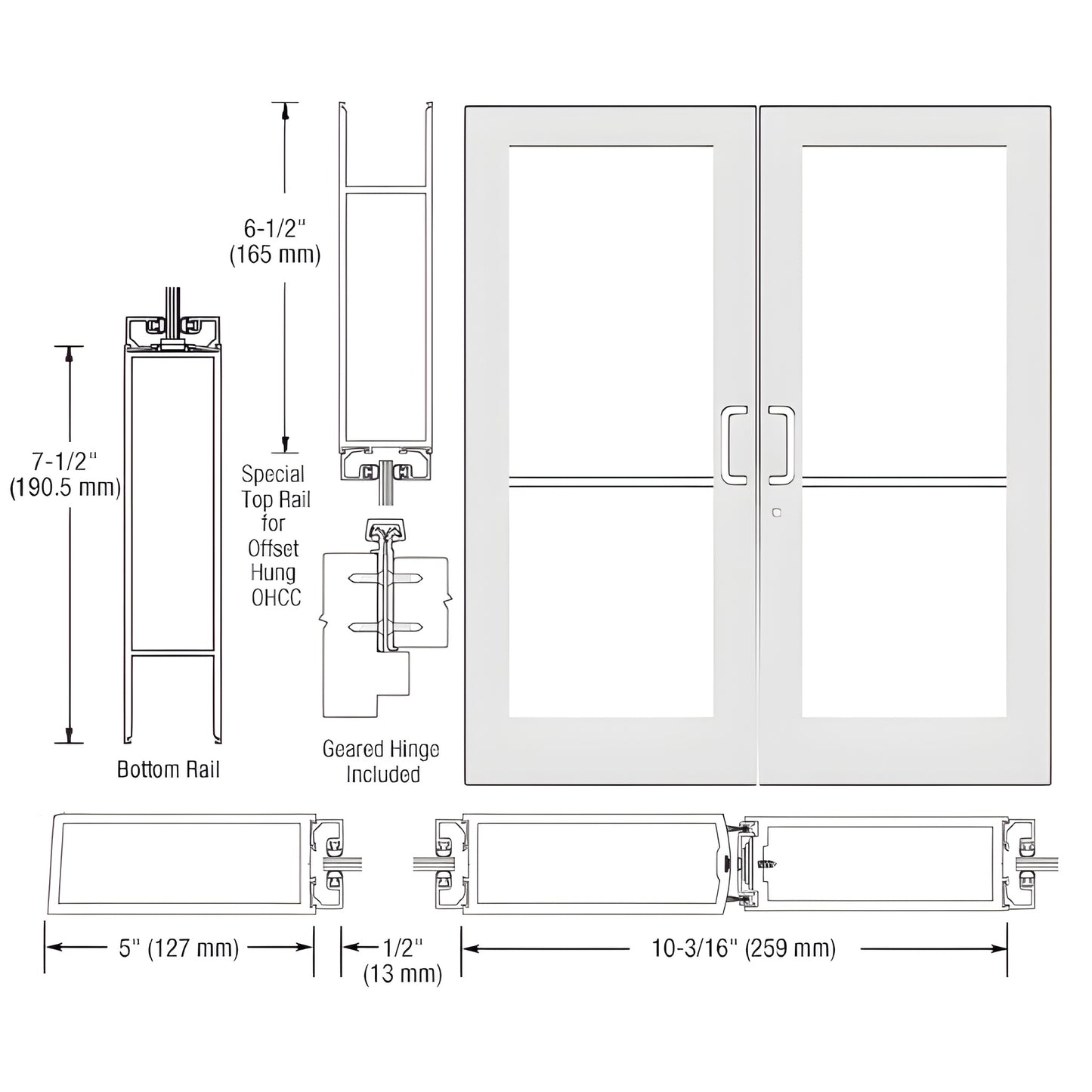 HE52952 white Kynar custom wide-stile double entrance door drawing with 5" stiles, 7.5" bottom rail, offset pivot.