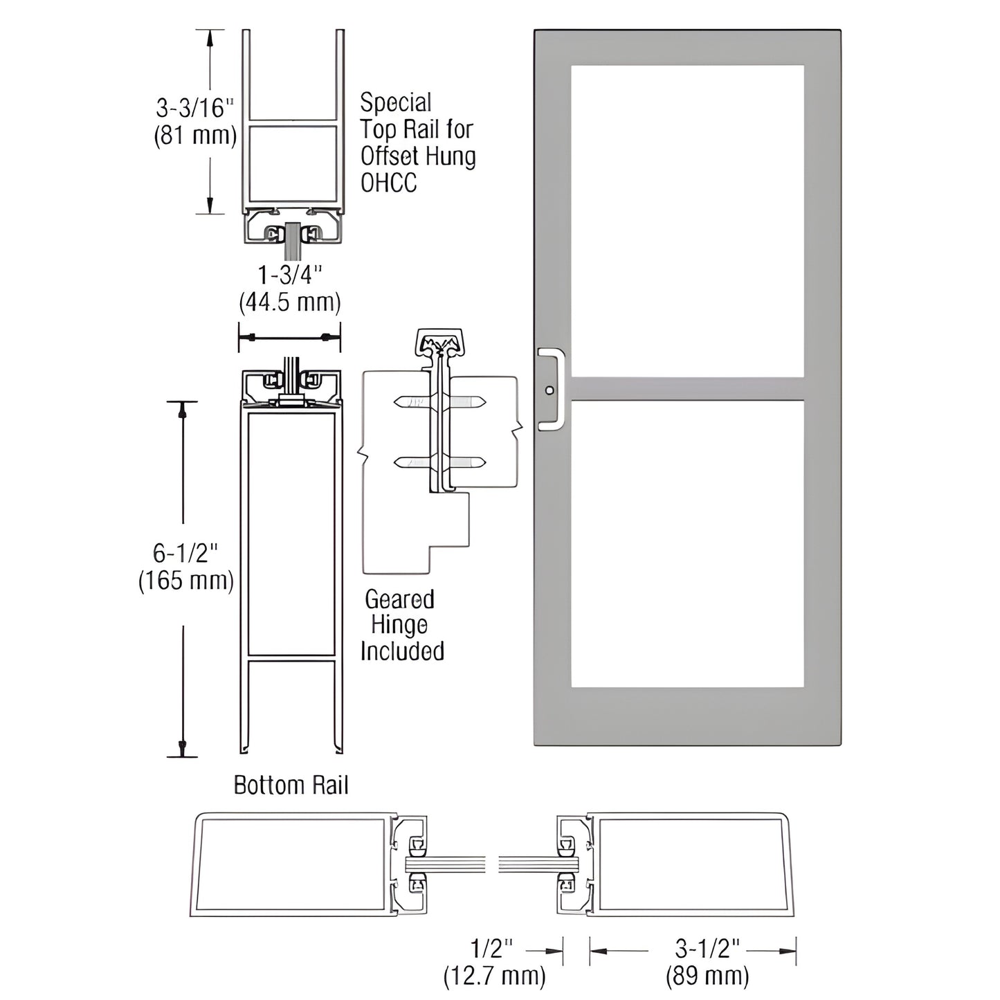 DZ41911 clear anodized medium-stile commercial entrance door, 3-1/2" stiles, 3-3/16" top rail, 6-1/2" bottom rail, glass-read
