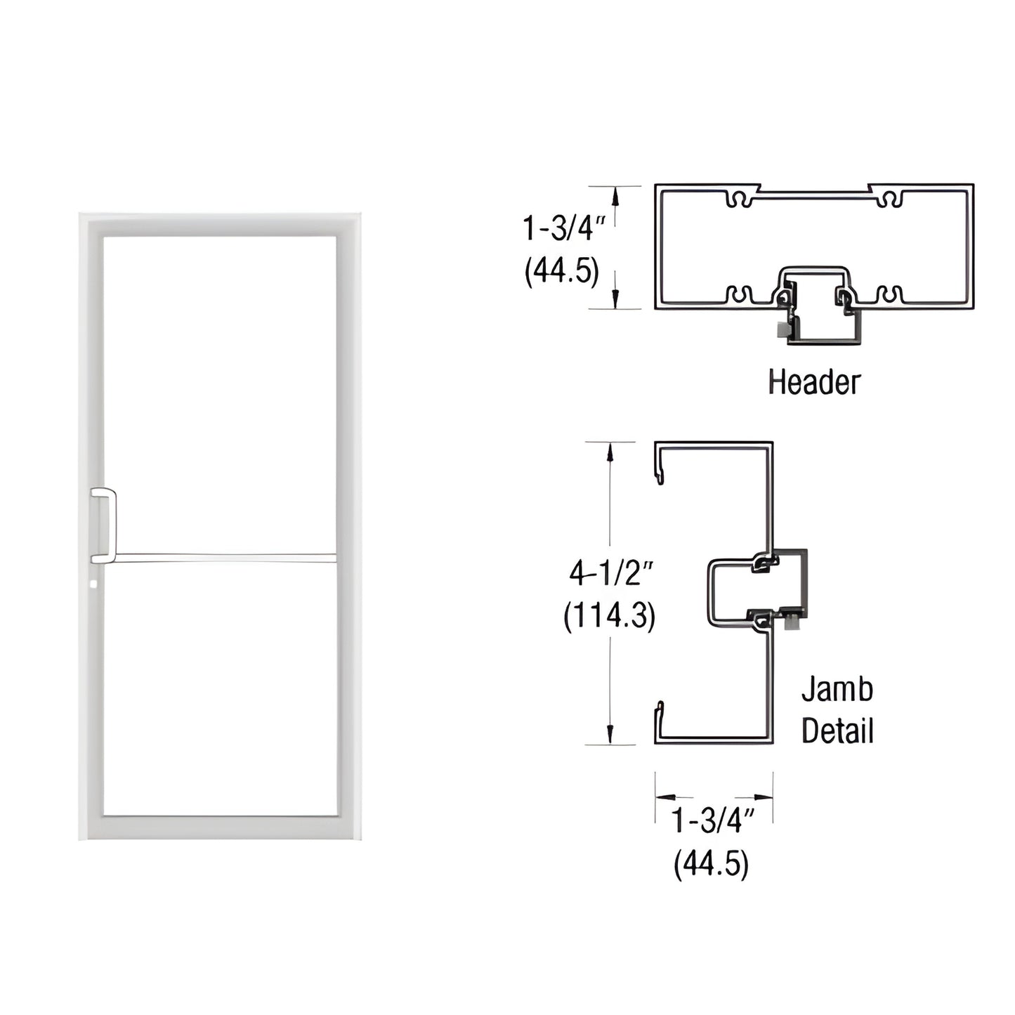 White Kynar up-and-over 1-3/4 x 4-1/2 butt-hinge door frame (SKU 0B41552) with handle and header/jamb detail diagram.