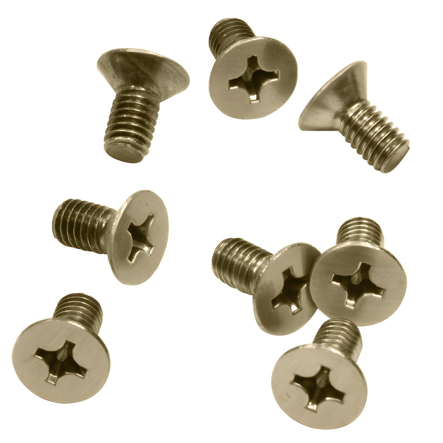 Pack of eight 6x12mm brushed bronze stainless flat-head Phillips screws (SKU P612BBRZ) for shower door hinges