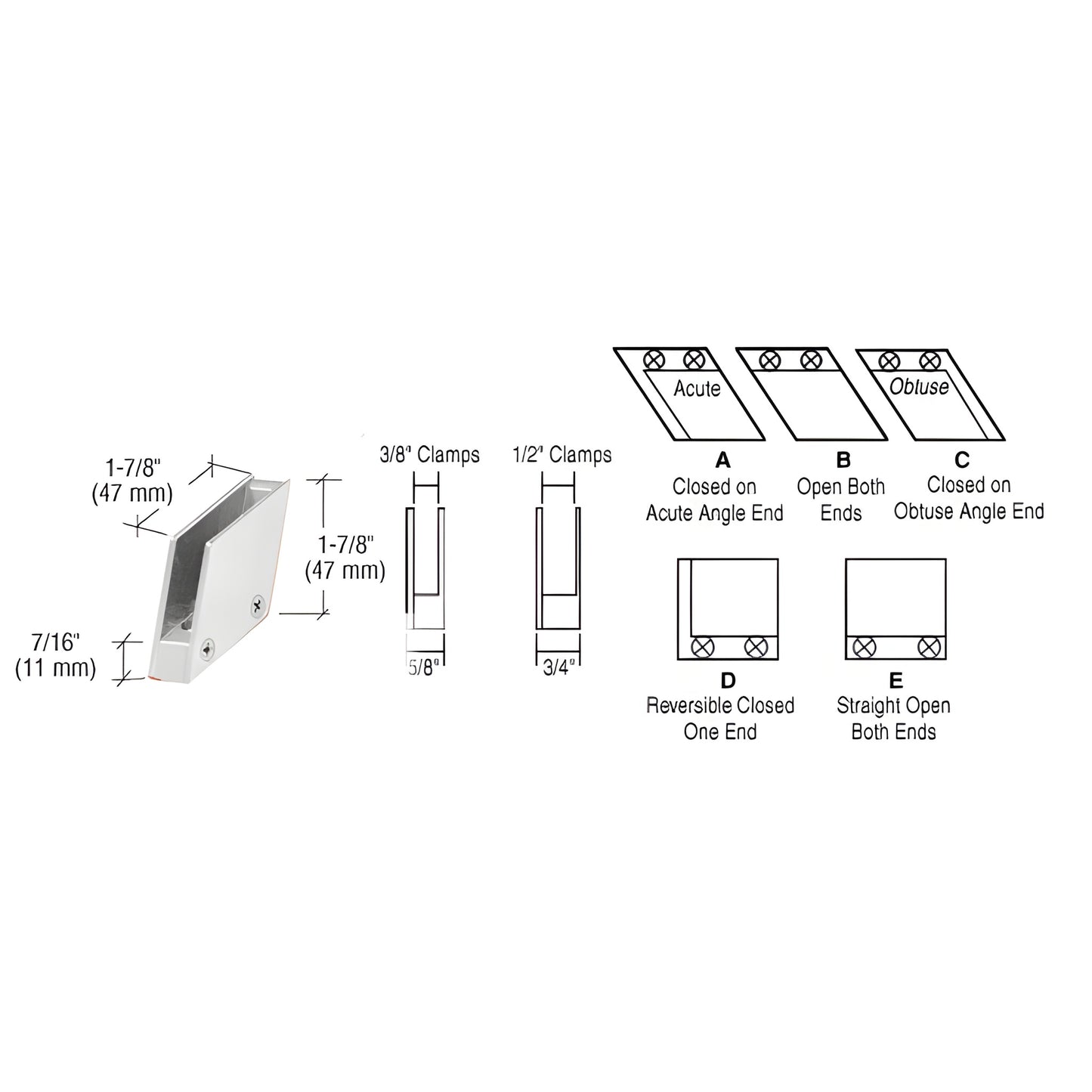 RH5512CH chrome 128 obtuse end clamp for 1/2 (12mm) tempered glass railings - angled metal clamp