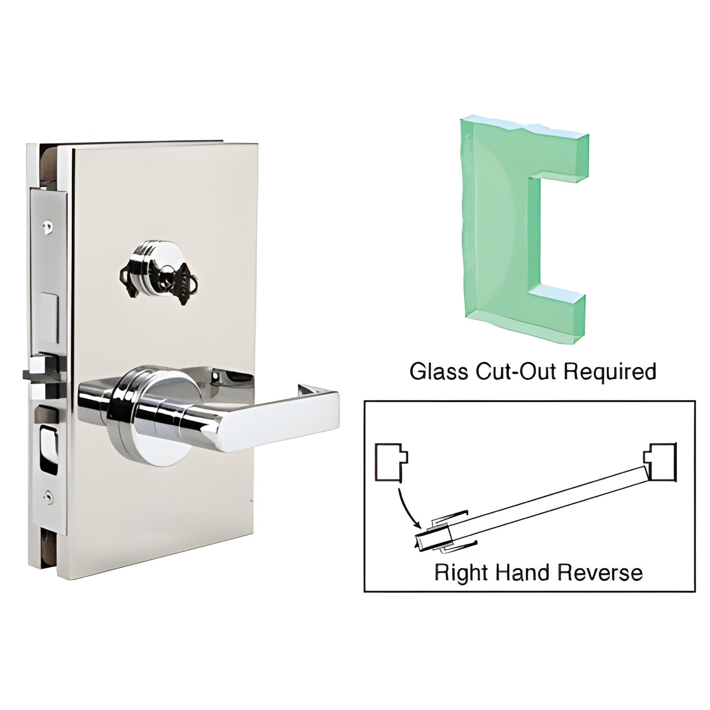 Polished stainless 6x10 center lock with lever for 1/2" tempered glass, right-hand reverse, SKU DL611REPS.