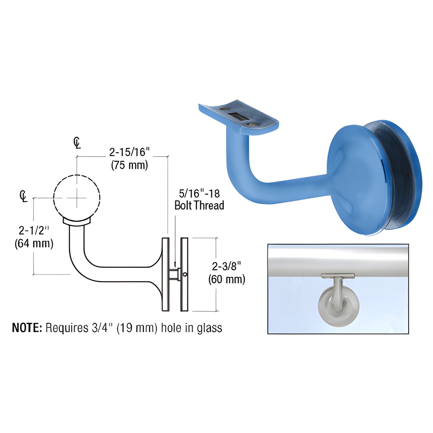 CRL Pismo glass-mounted handrail bracket HR15GPT, powder coated stainless, fits 1-1/2" & 1.66" rails; requires 3/4" glass hol