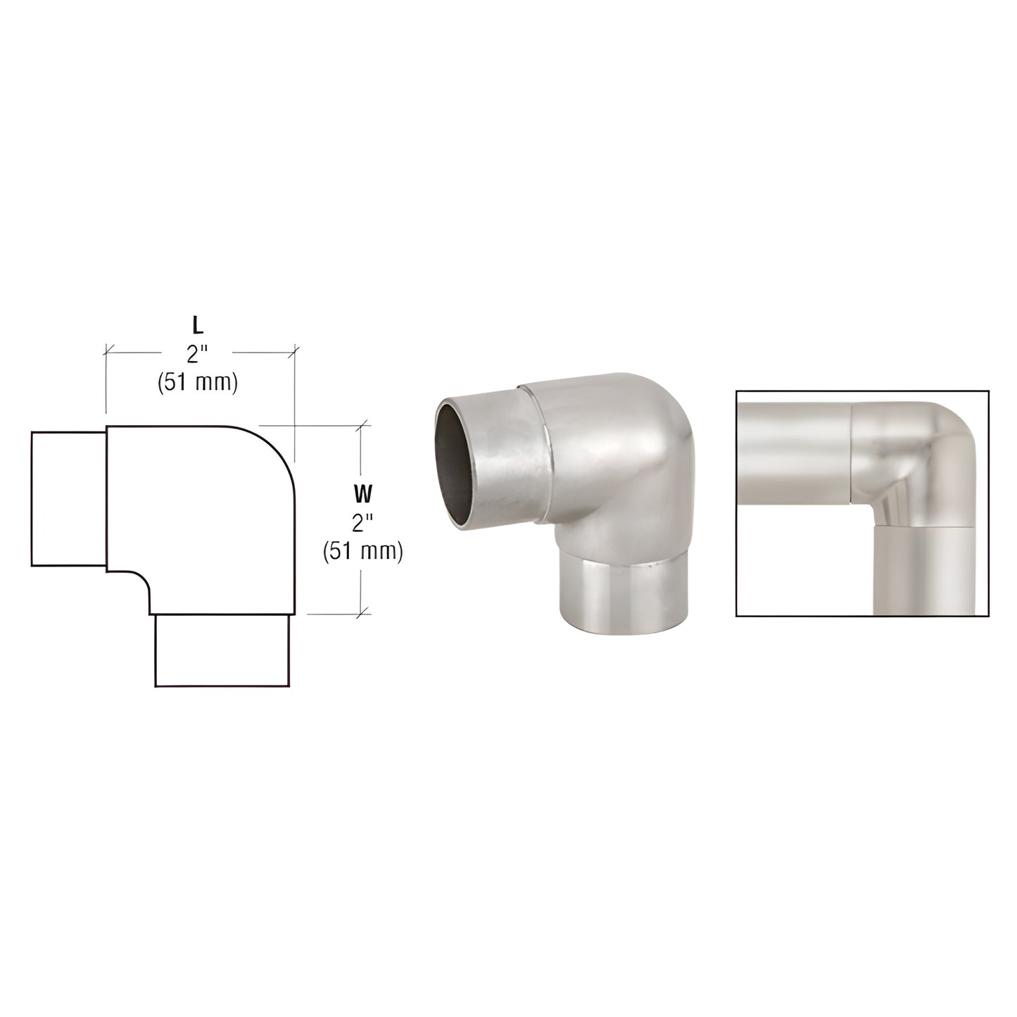 HR15HBS brushed stainless 90 corner fitting for HR15 handrail tubing, 2 in (51 mm), ready-to-install