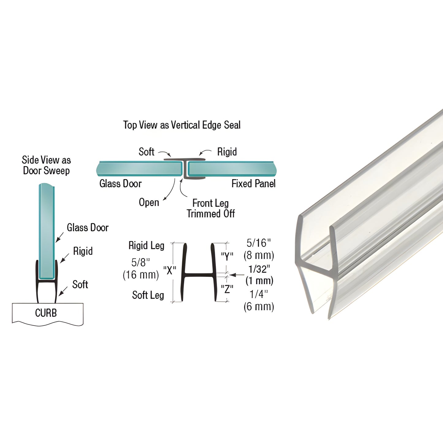 P250HW clear polycarbonate H-wipe door/edge seal for 1/4" glass, split rigid/soft legs, trim-to-fit, press-on installation.