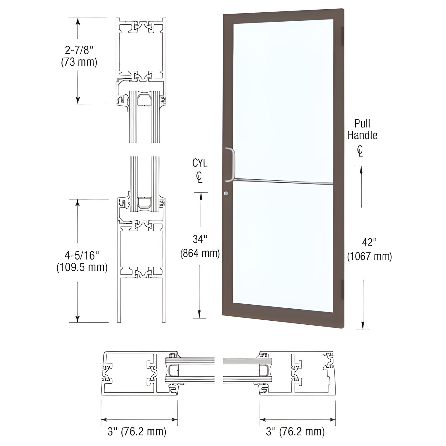 Black bronze anodized narrow-stile commercial glass entrance door with push/pull handle, MS hookbolt lock. SKU 1D21522