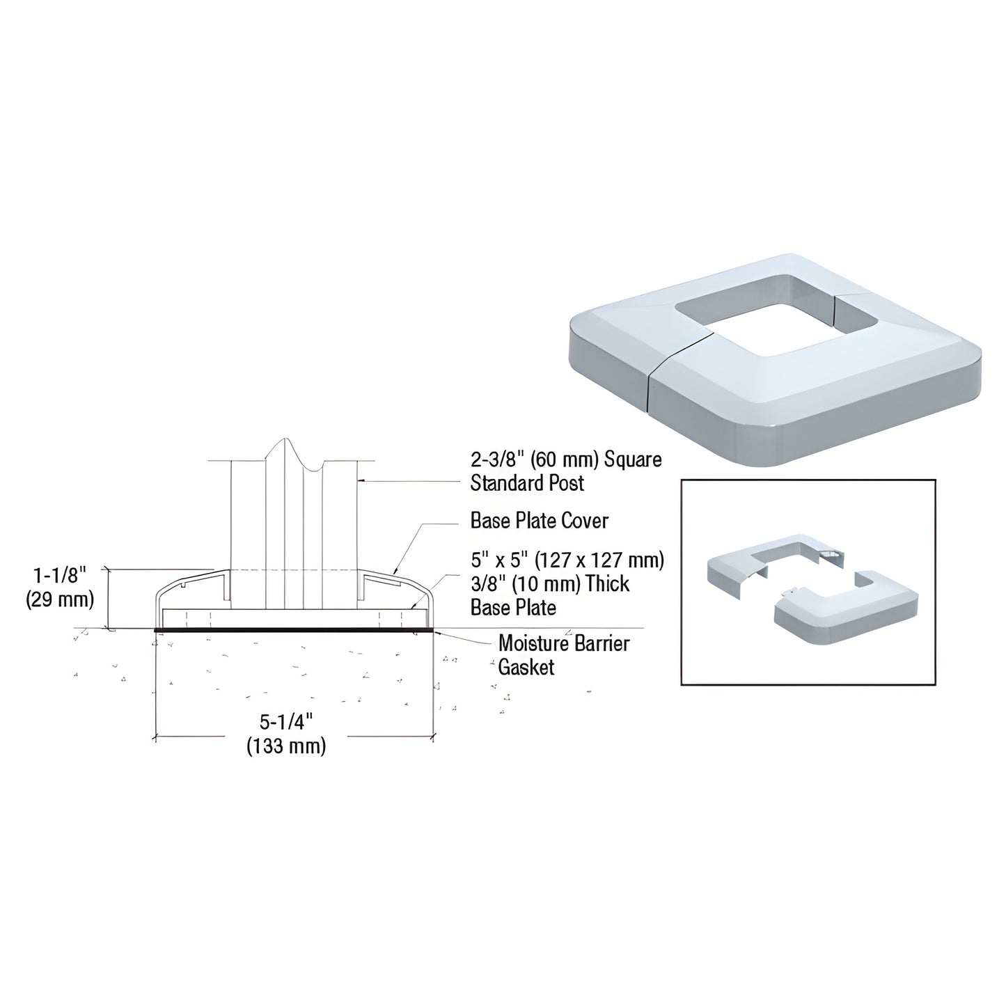 CVR5M 5 in square aluminum base plate cover, mill finish, fits 2-3/8 in (60 mm) square posts, low-profile.