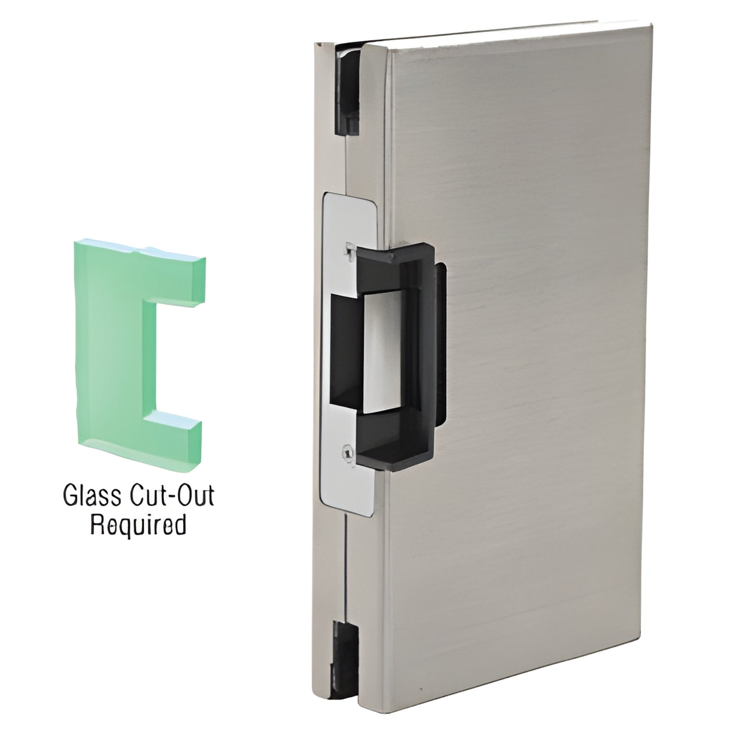 DLER610BS brushed stainless center lock glass keeper with 24V deadlatch electric strike; glass cut-out required