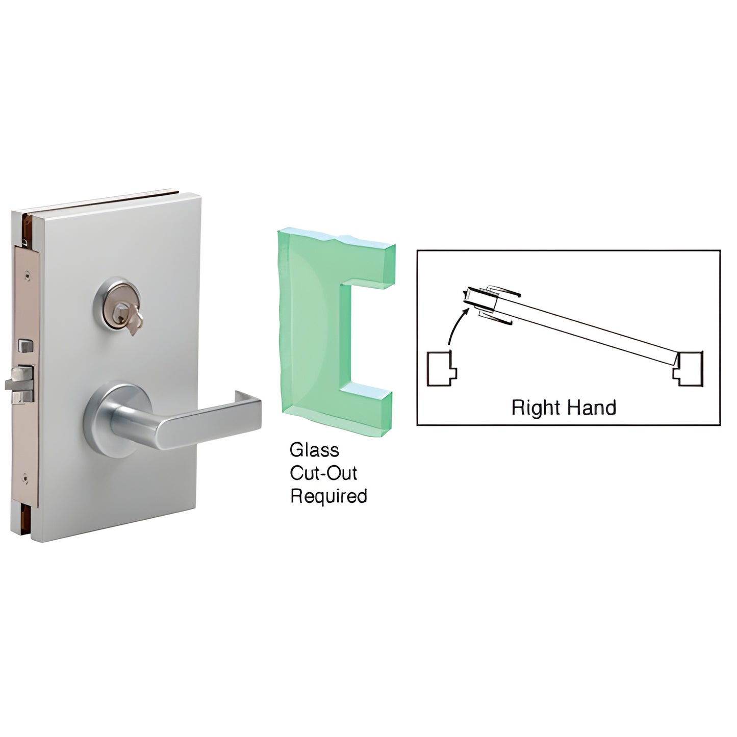 DL610RSSC 6x10 satin anodized center deadlatch for 1/2" tempered glass lever handle, right-hand shown