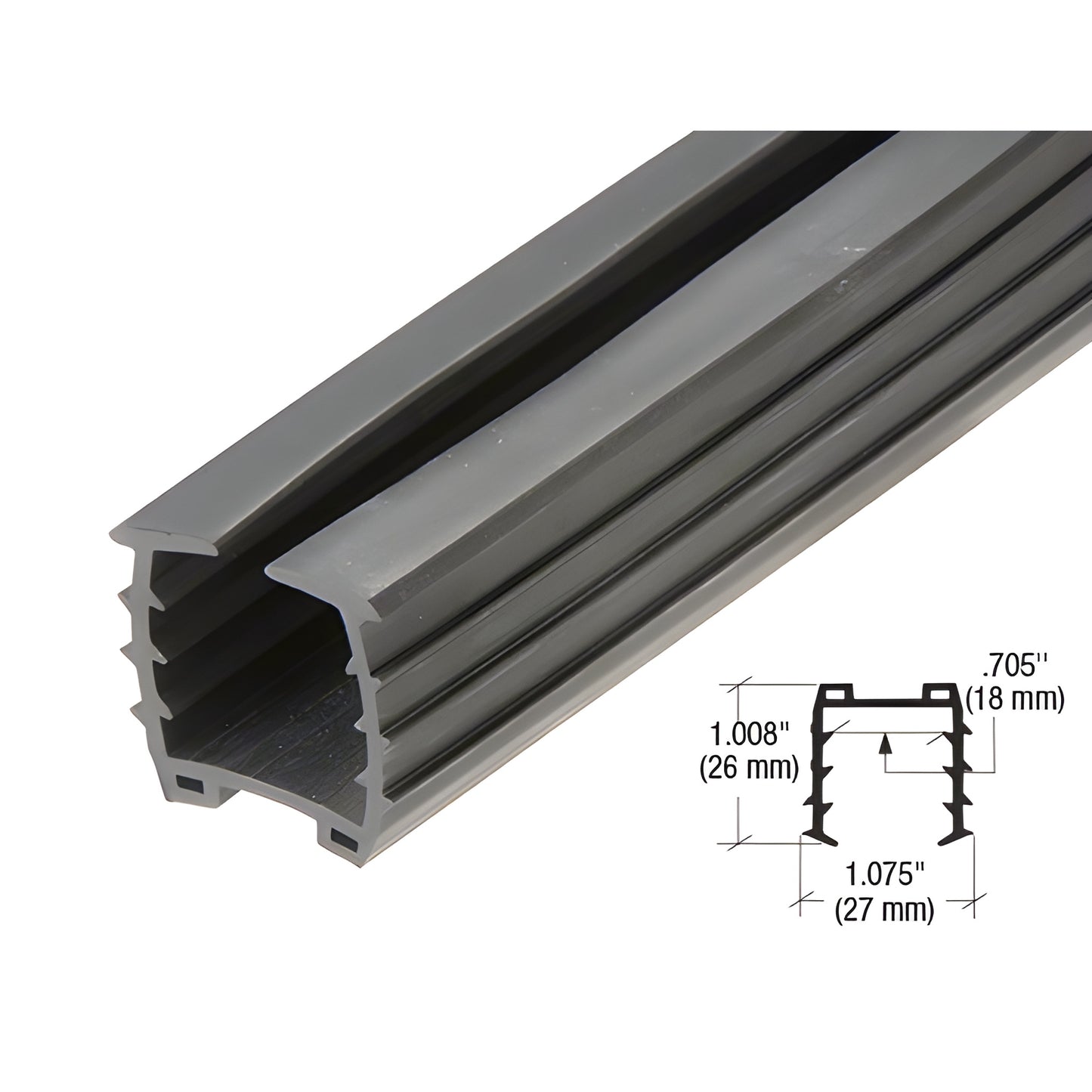 Black rubber cap rail insert GRRF2019PV, profile view with dimension diagram; fits 3/4" (19 mm) glass.