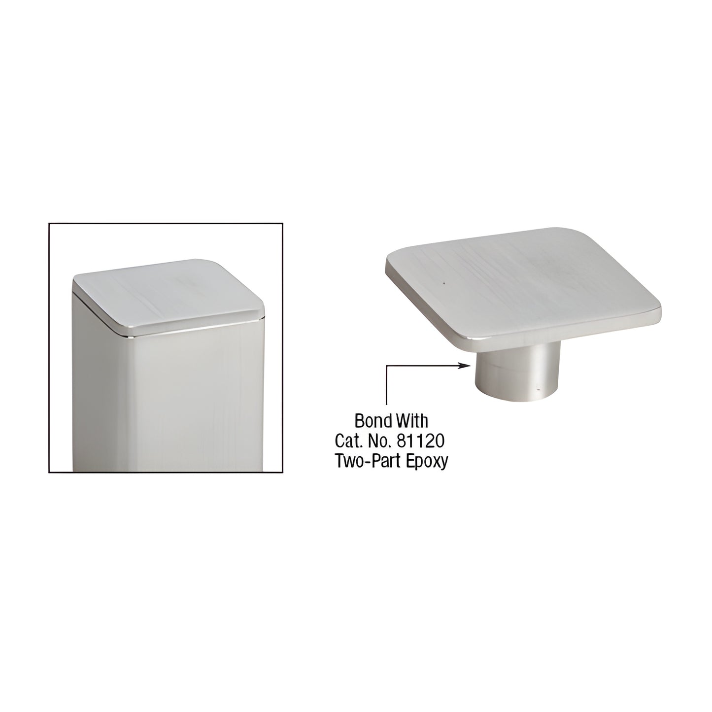 Brushed stainless steel square post cap for P-Series posts (SKU P1CAPBS), slip-in mount for finished top.