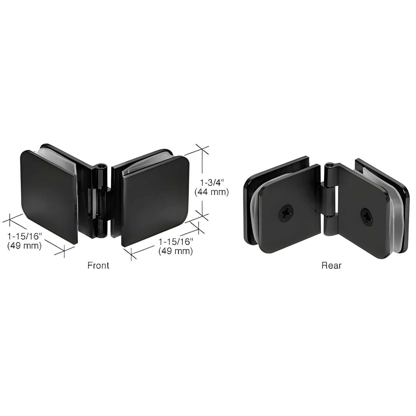 Matte black adjustable brass glass-to-glass clamp ADJ180MBL, fits 8-12mm tempered glass, front and rear views