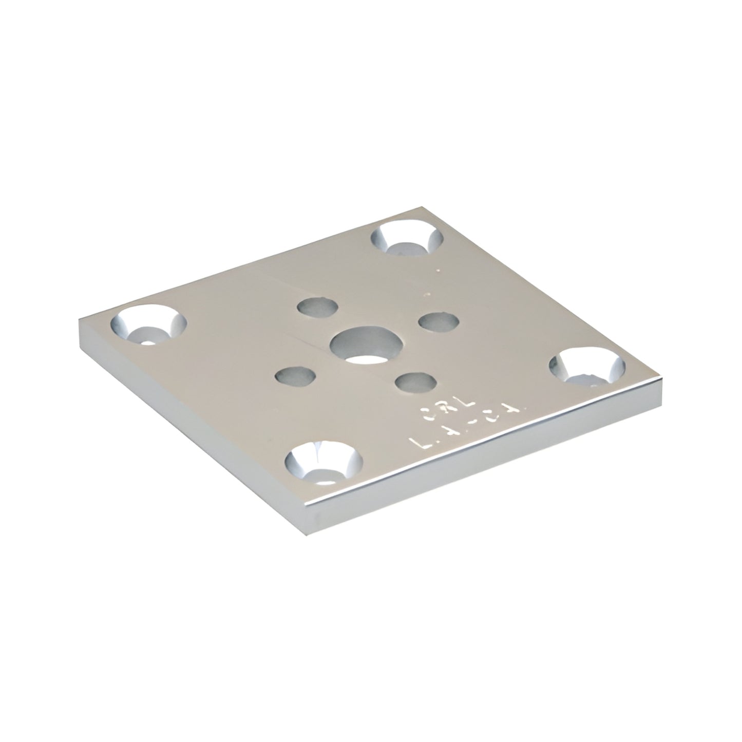 D695A satin-anodized aluminum 2x2 square post base plate with countersunk corner holes and center mounting holes.