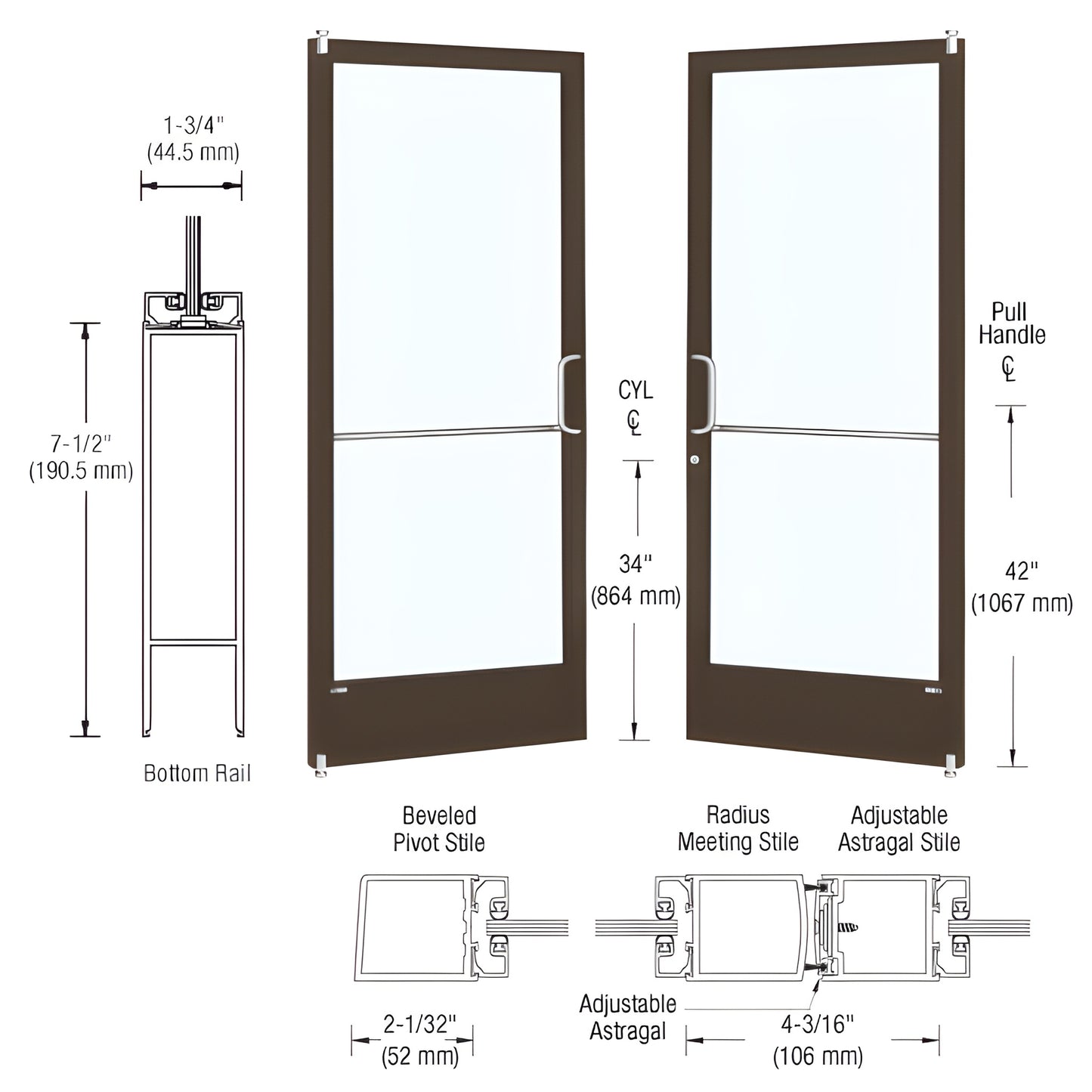 HE22222 black bronze anodized narrow-stile commercial entrance double door with 1/4" tempered glass, pivot-ready.