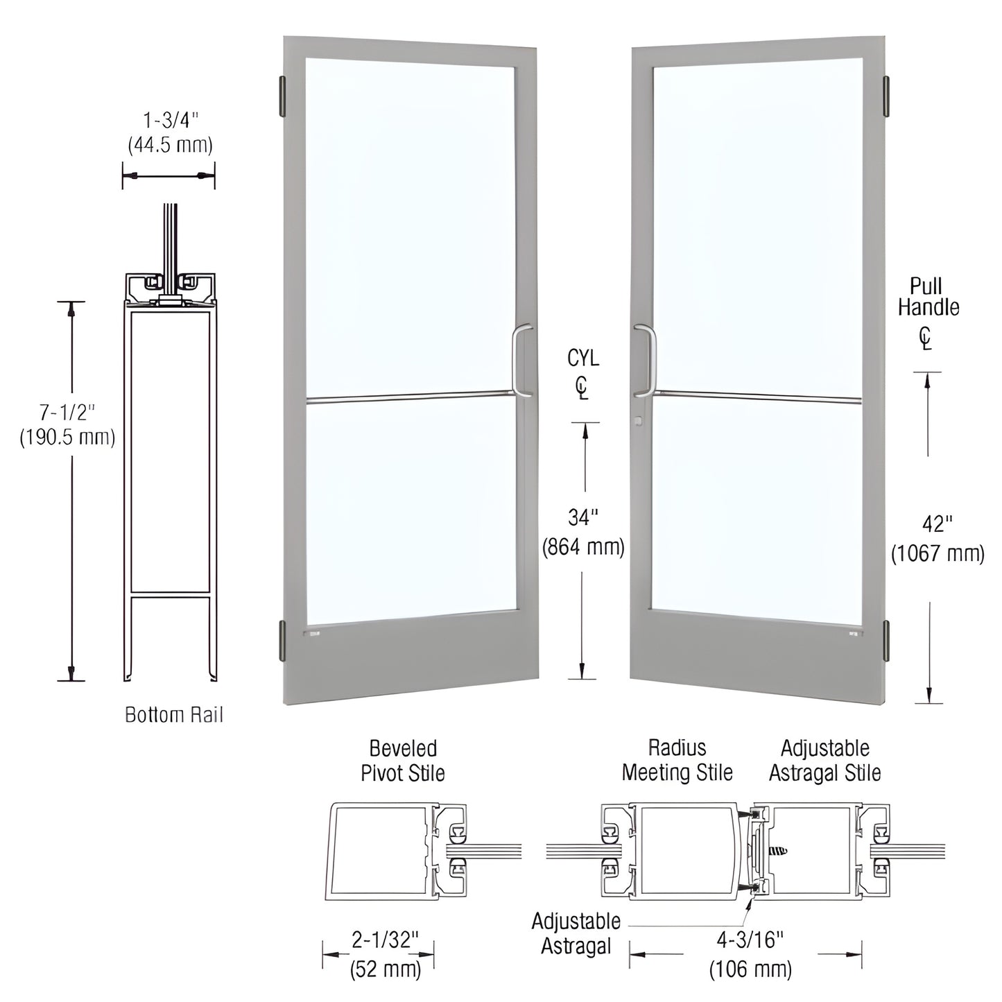 HE22511 clear anodized narrow-stile commercial entrance door with 2" stiles, tempered glass, 7-1/2" bottom rail.