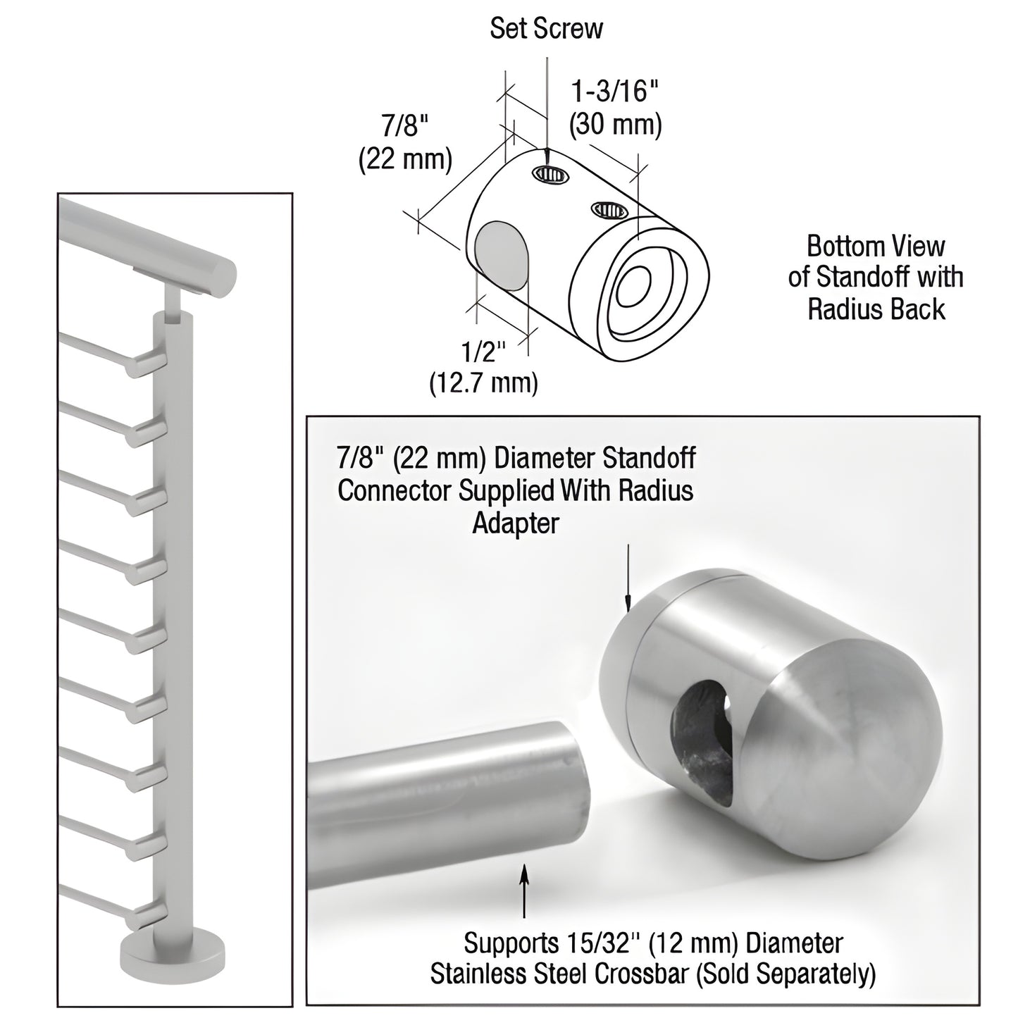 CBR4BS brushed stainless steel 7/8 in standoff connector for 12 mm crossbar, slip-fit surface mount for 1.5-2 in posts