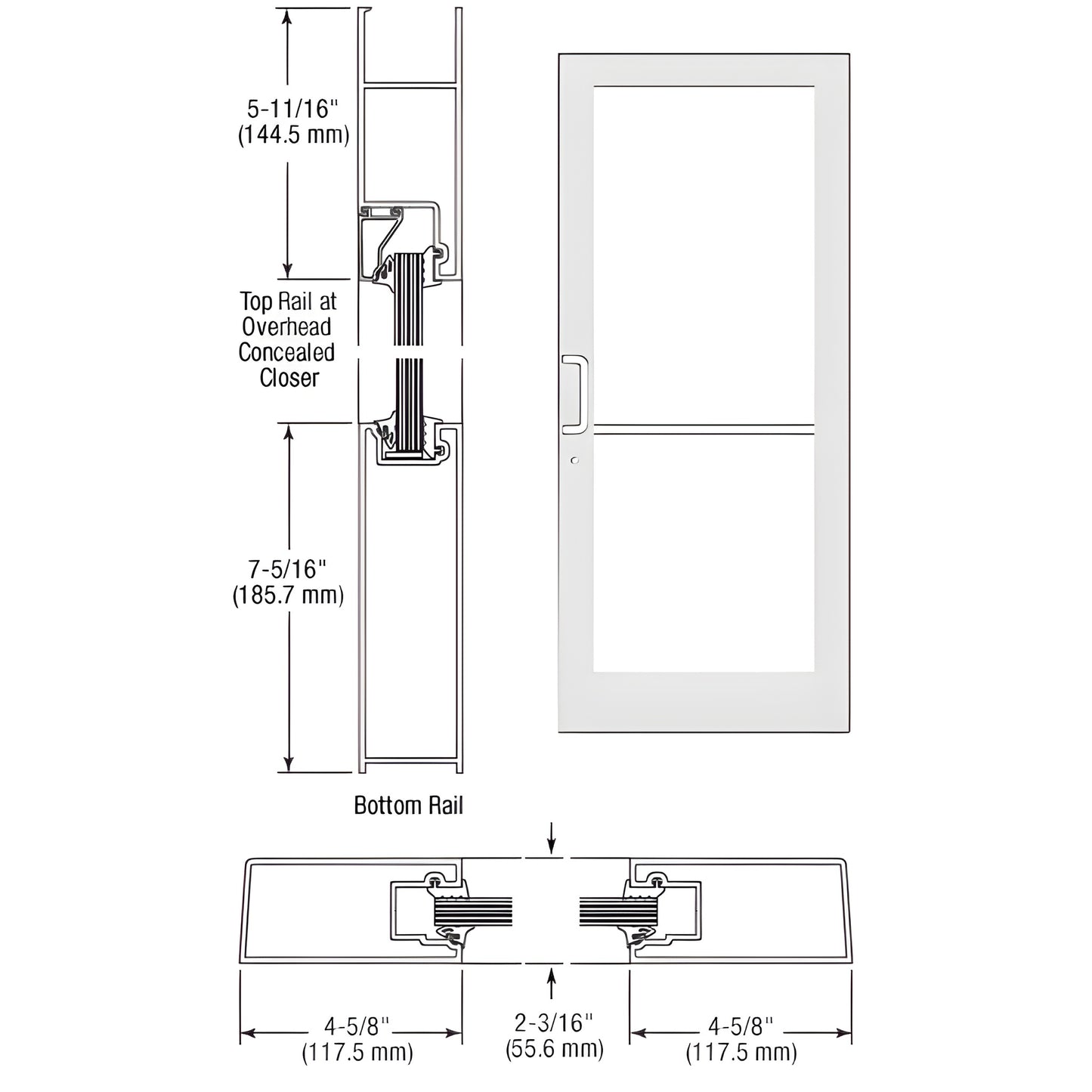 SF41452: White Kynar medium-stile impact door, prepped for overhead concealed closer, 9/16" glazing, lockset.
