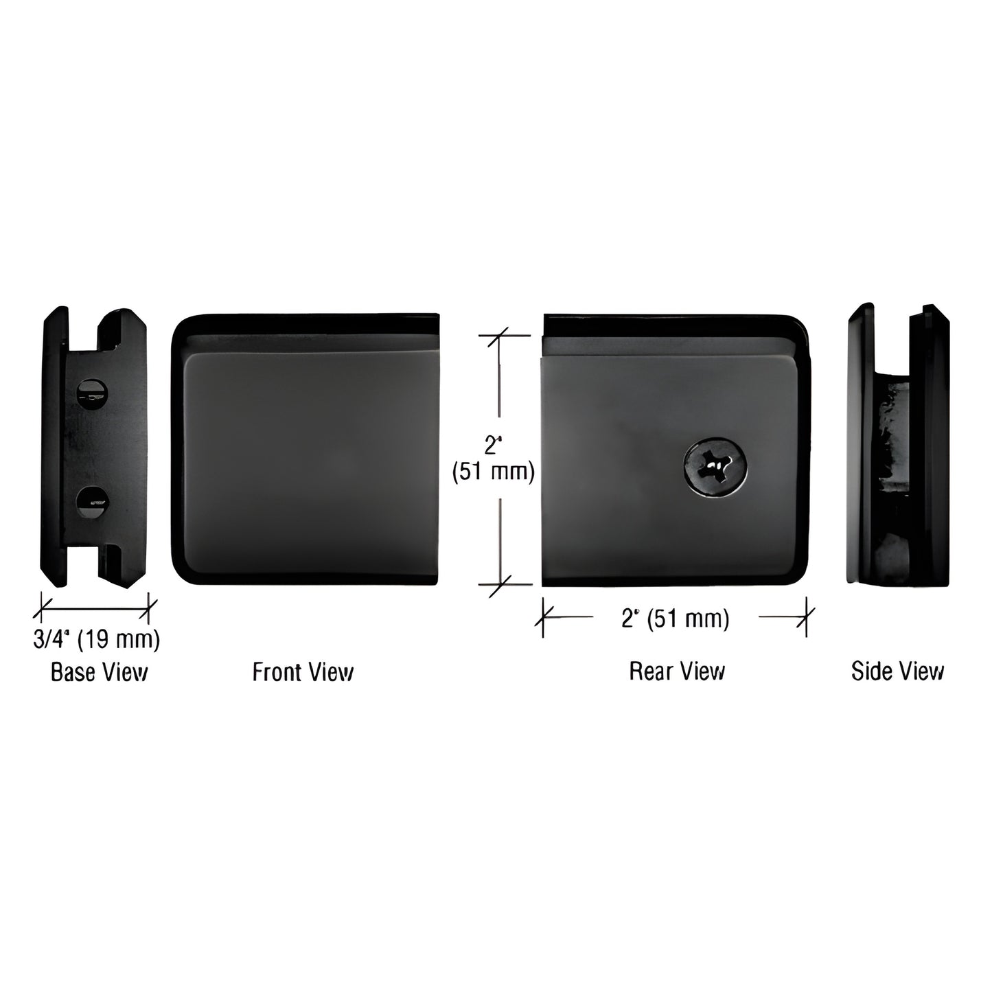 Matte-black beveled brass wall-mount glass clamp BGCU1GM, multiple views with dimensions, fits 10-12mm (3/8-1/2") glass