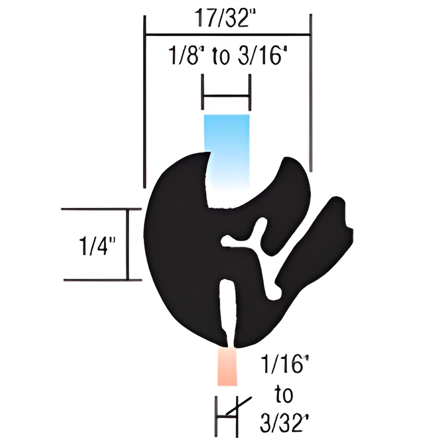Black EPDM one-piece self-sealing weatherstrip cross-section diagram with dimensions (17/32", 1/4", fits 1/8-3/16" glass).