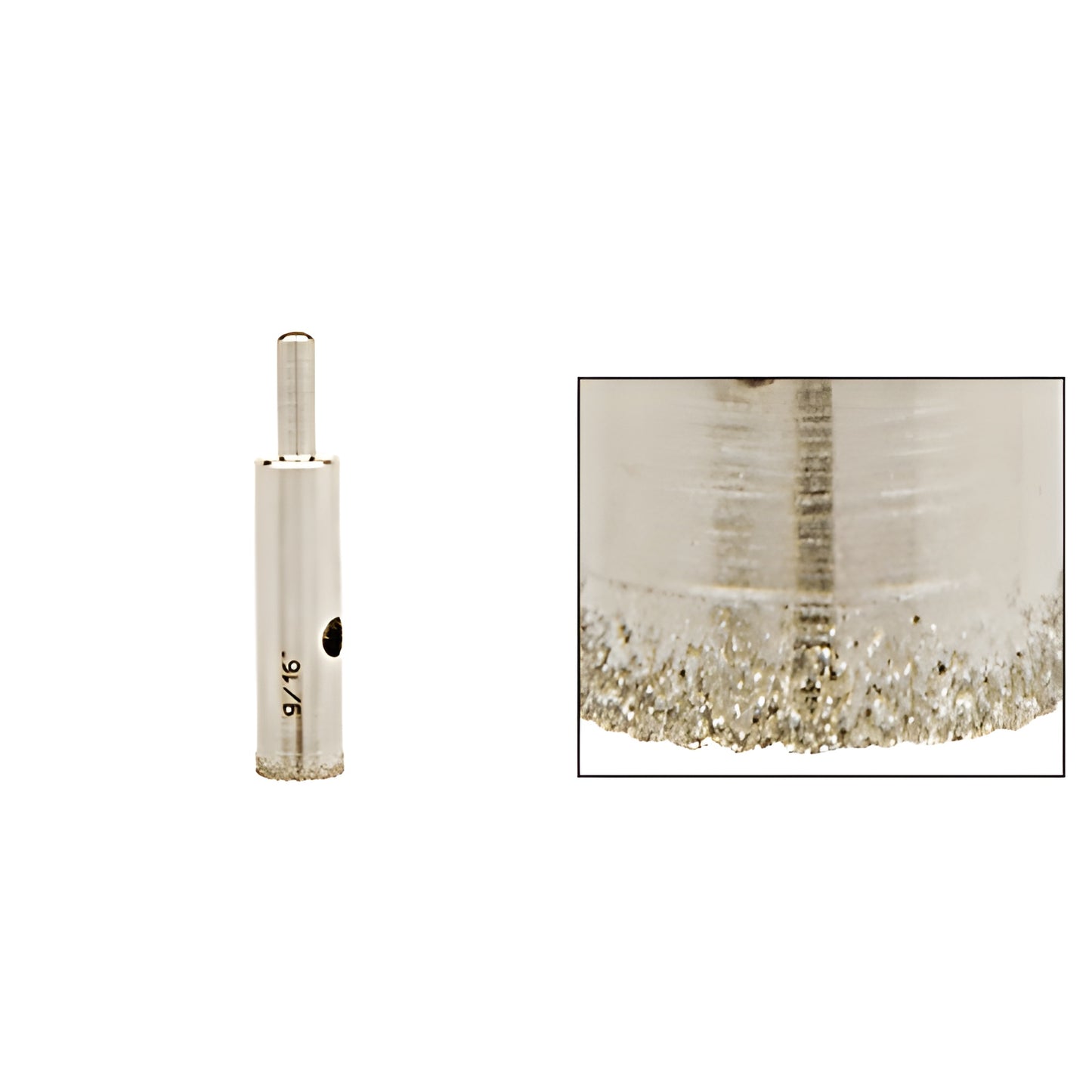 AG916 plated diamond glass drill bit, 9/16" diameter, reduced round shank with sawtooth diamond cutting rim