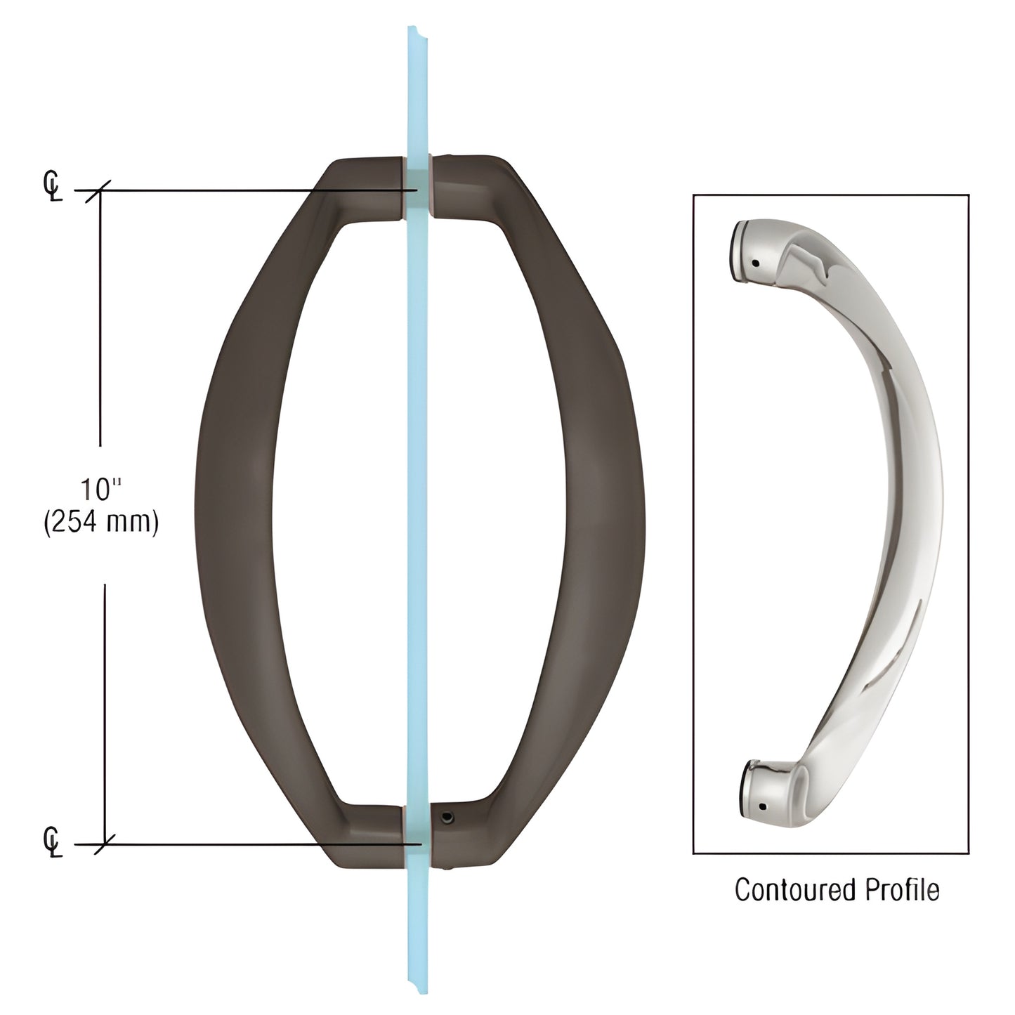 Oil rubbed bronze sculptured back-to-back glass pull handle (CQ10X100RB), contoured 10" center, fits 3/8-1/2" glass