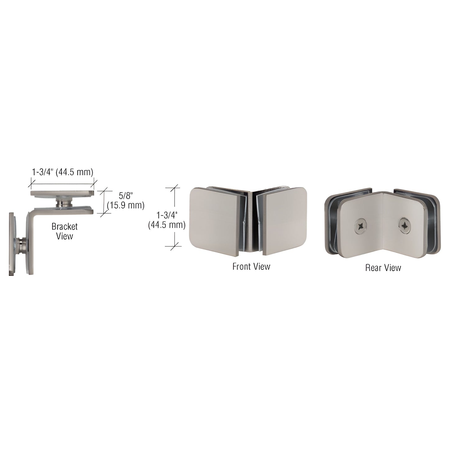 Brushed nickel 90 degree solid brass glass clamp for 8-12 mm frameless shower panels, front/rear views
