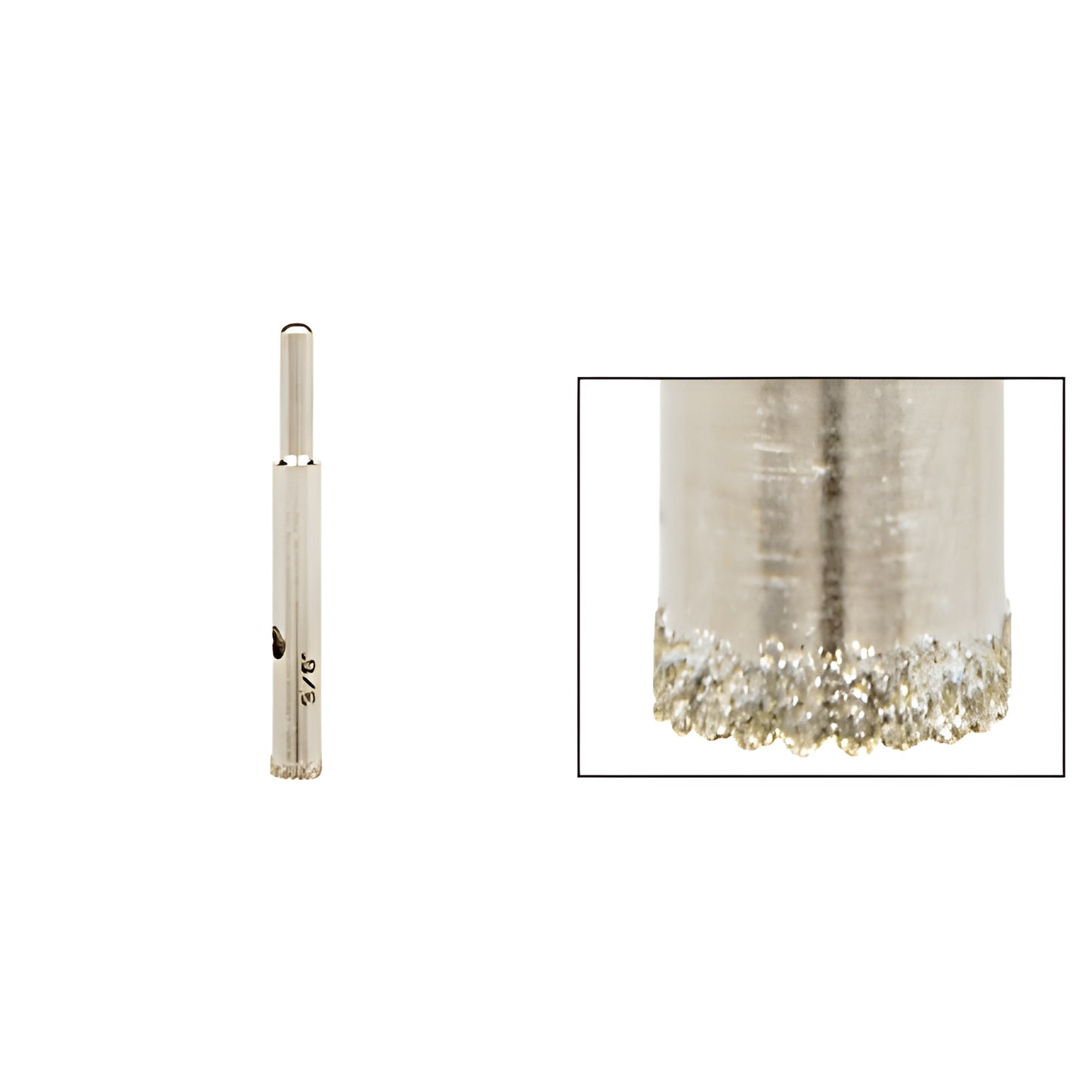 AG38 3/8 in. plated diamond sawtooth glass drill bit with reduced round shank, close-up of abrasive tip