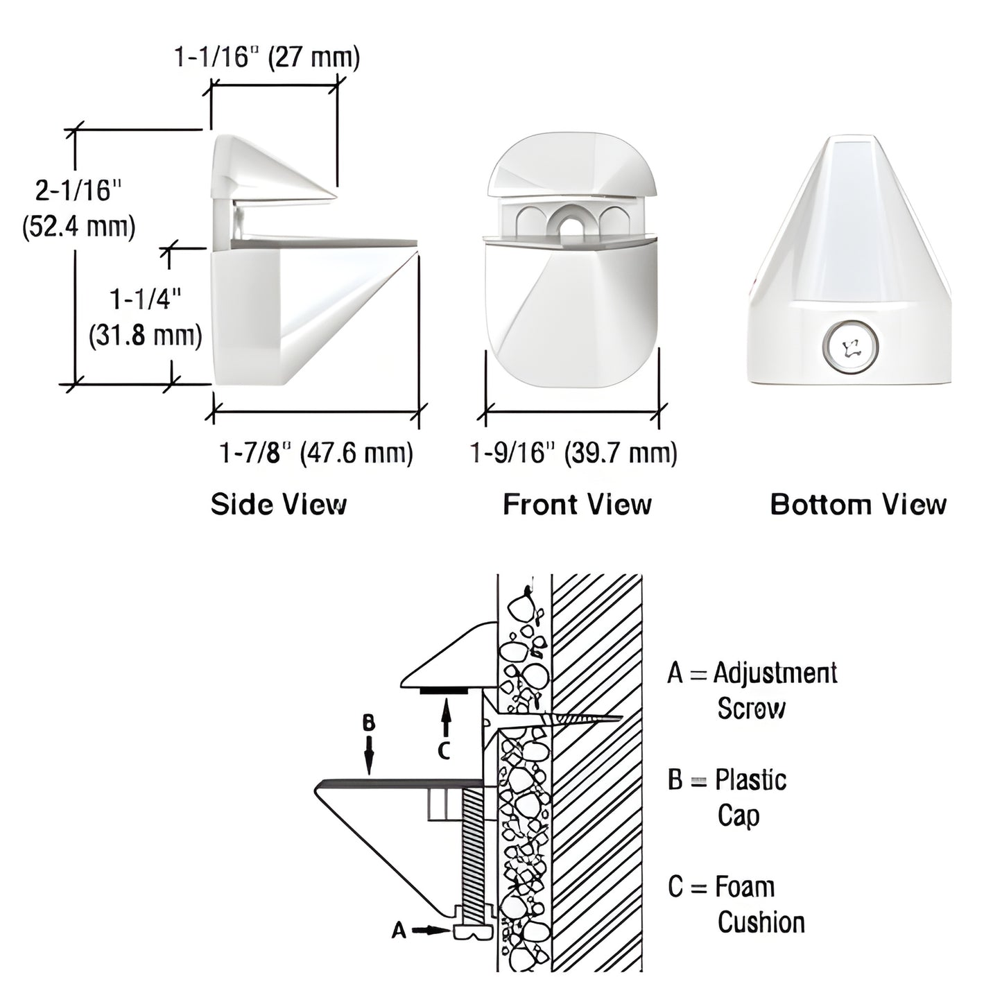 DL631W gloss-white zinc adjustable shelf clamp - side/front/bottom views, dimensions; fits 1/8-15/16 glass or wood shelves.