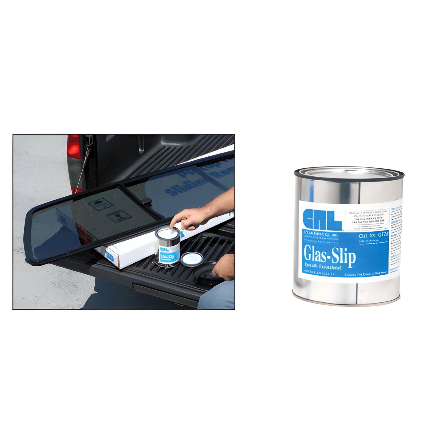 GS32 Glas-Slip rubber gasket lubricant quart can and open can being applied on a truck tailgate next to a windshield.