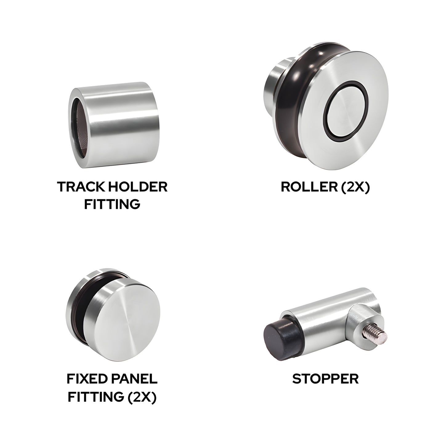 Colonia sliding shower door replacement kit, brushed stainless steel rollers, fittings, wall bracket and stopper