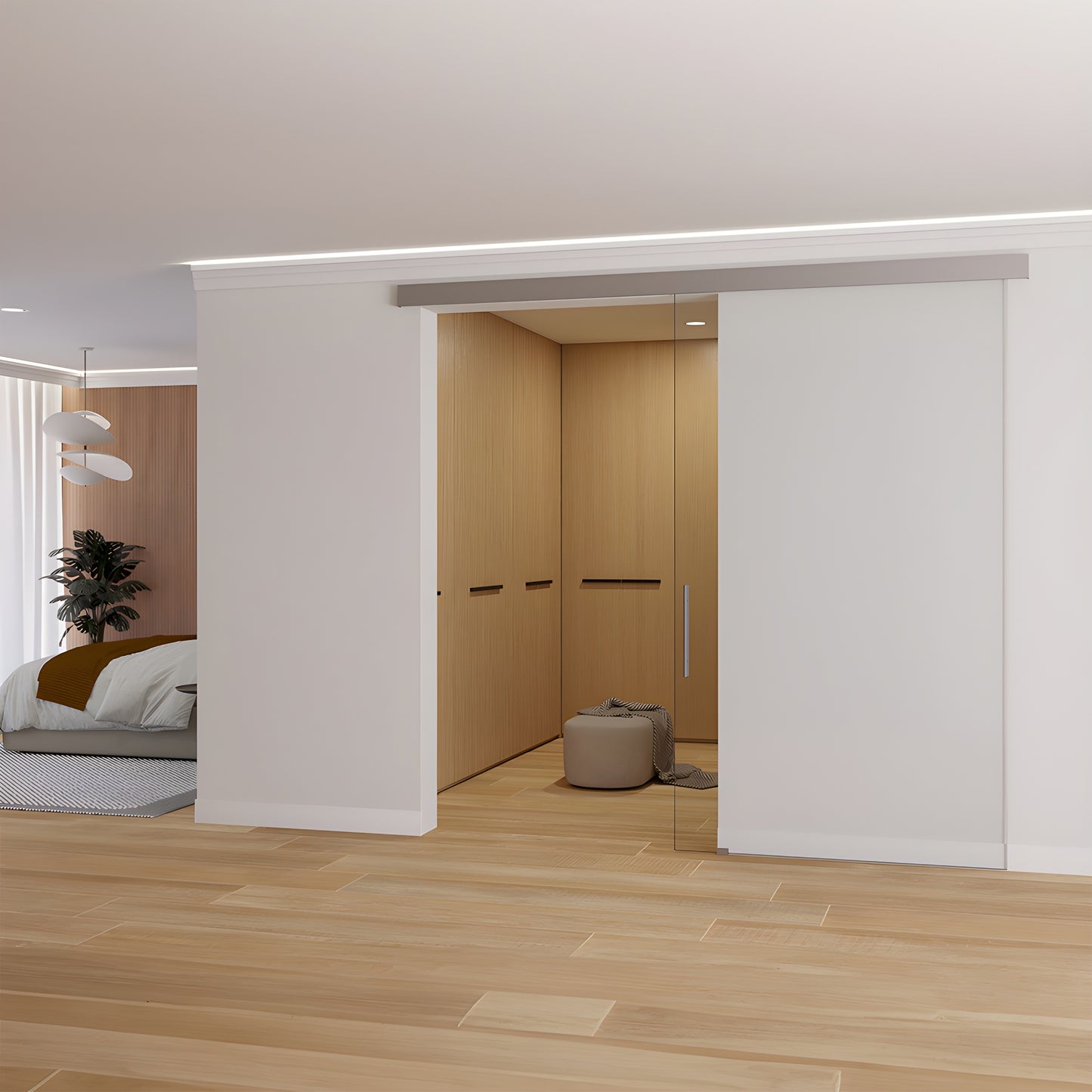 CRL50 wall-mount sliding glass door hardware - satin anodized top track with blue-tinted tempered glass panel.