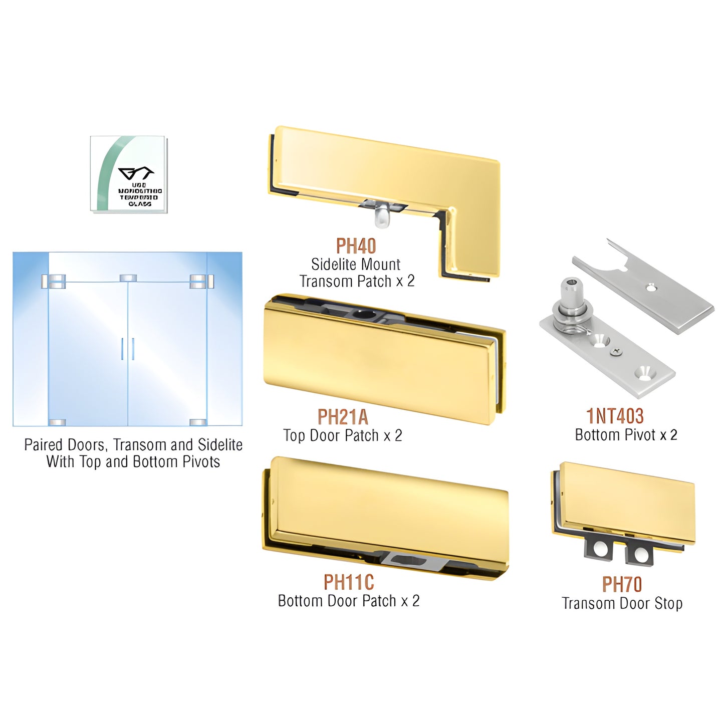 Polished brass patch hardware kit for European double glass doors with transom and sidelites, SKU PHE8BR.