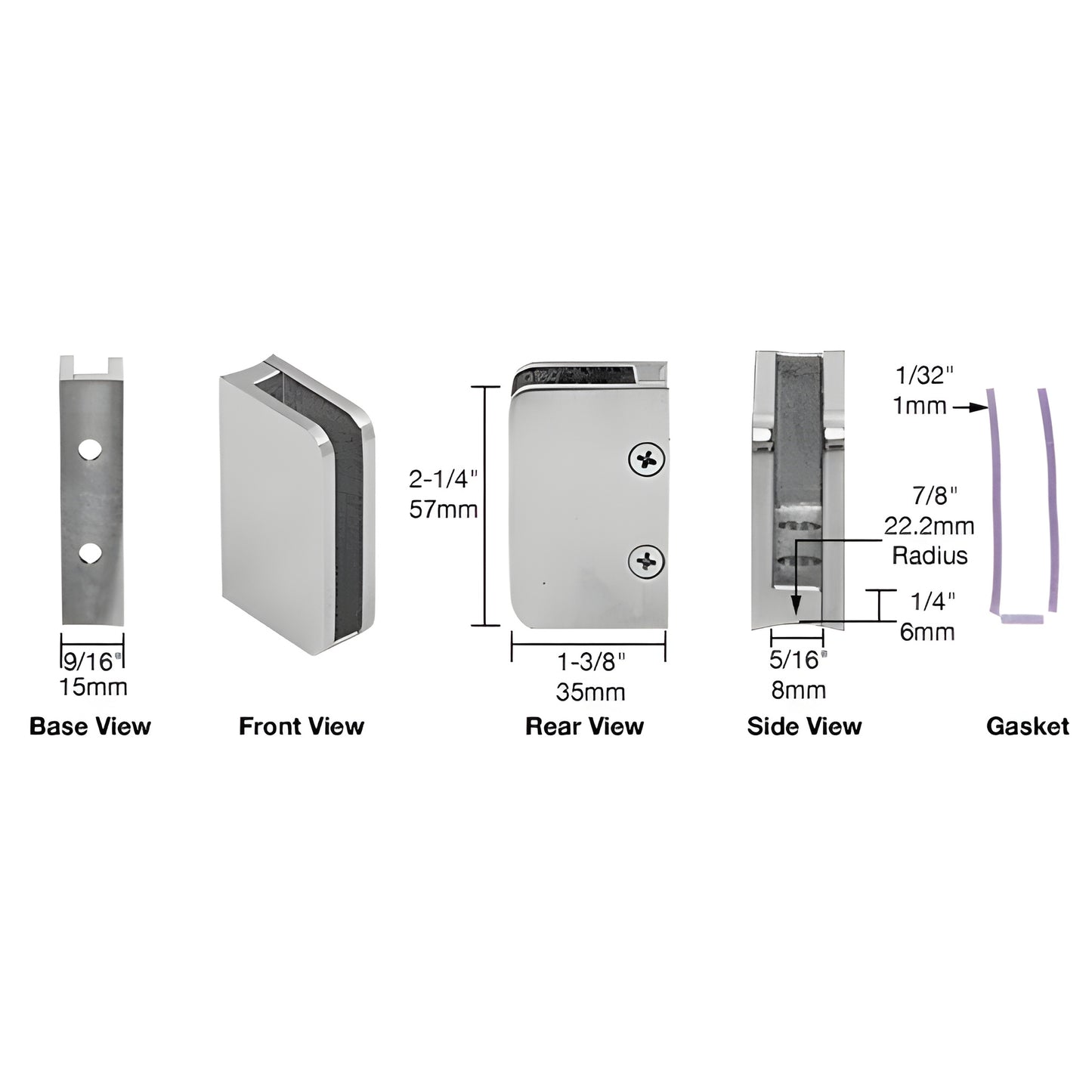 SA96BS brushed stainless steel glass clip for 1/4" (6mm) tempered glass, radius base for 11 2-2" round posts, removable side pl