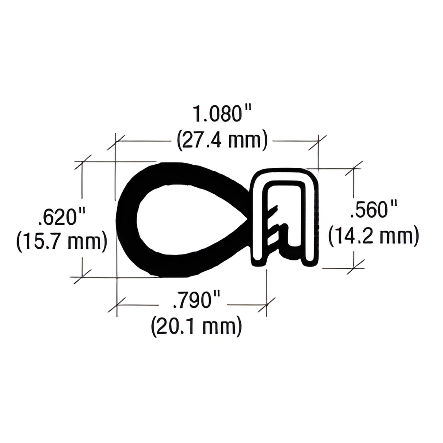 Black push-on trim seal cross-section (SKU 75001364) with neoprene sponge and metal core, dimensions labeled 1.080" .620".