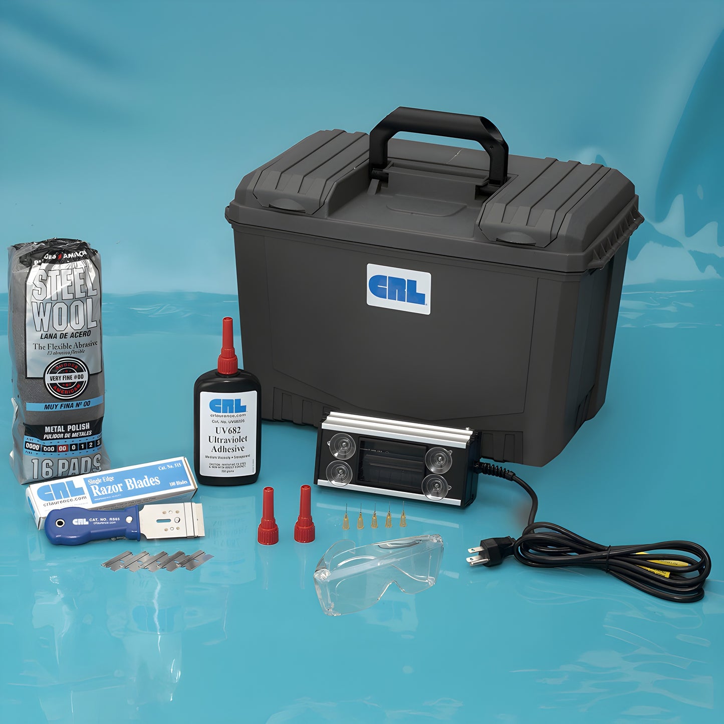 CRL Basic UV Glass Bonding Starter Kit (UVSK2): black case, UV adhesive bottle, UV lamp, safety glasses, razor blades, steel