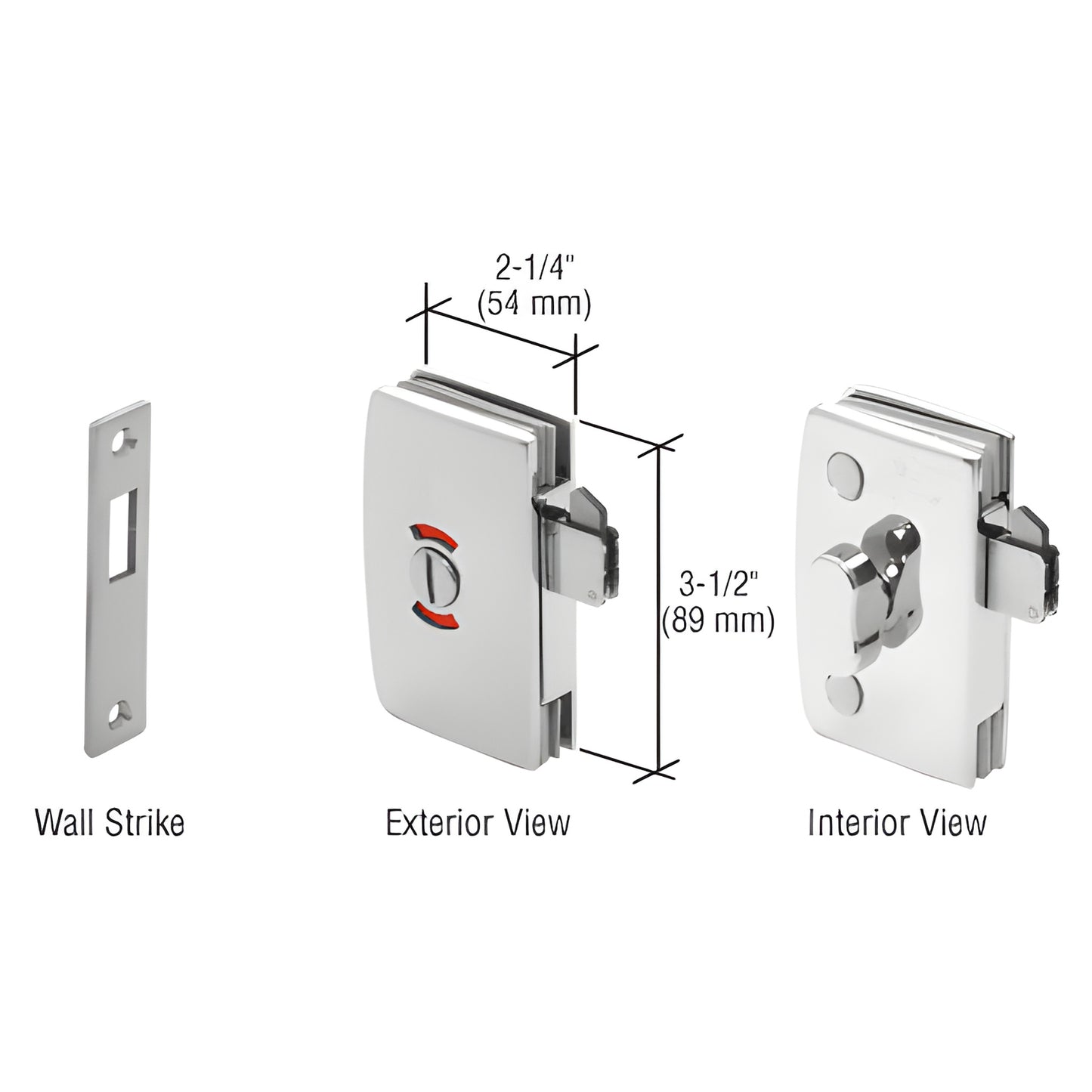 CRL 703CCH polished chrome sliding glass door lock set: wall strike, exterior indicator (red/blue), interior thumbturn, 2-1/4