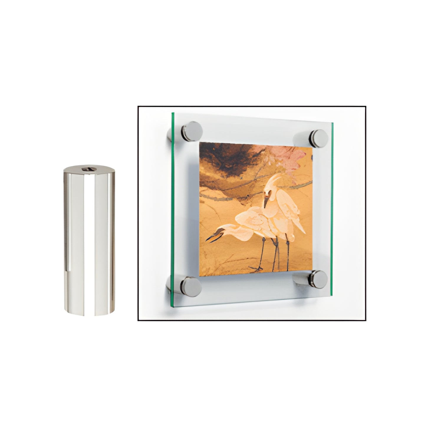 Polished chrome 3/4" cylindrical standoff (SKU S0B342CH) beside a glass-mounted art panel display.