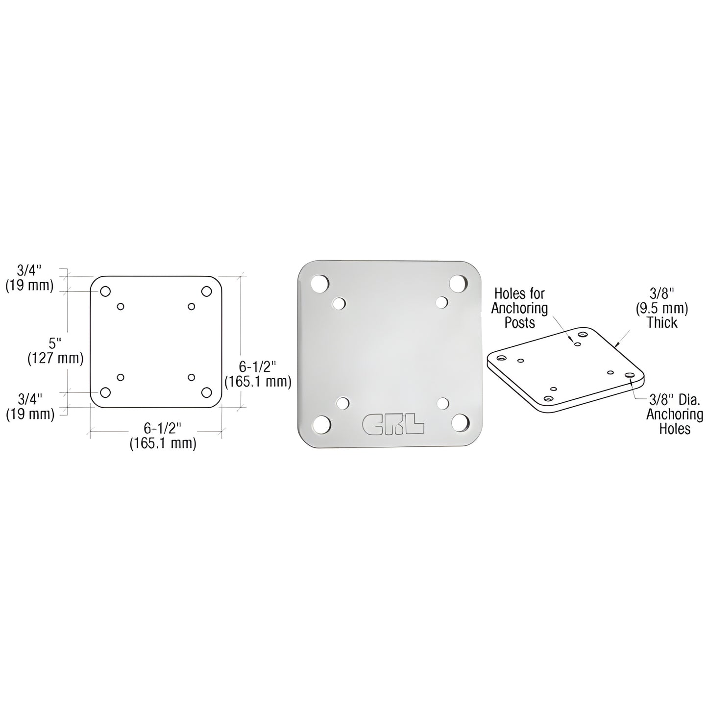 BP6S silver metallic aluminum square base plate 6-1/2" with countersunk/anchoring holes, moisture gasket included